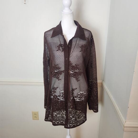 Vtg Y2K NY & Co Shirt Sz Large Womens Tunic Top Sheer Brown Mesh Lace WhimsiGoth - Picture 2 of 11